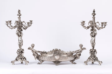 A SUPERB FRENCH 19TH CEBTURY LOUIS XV ST. SILVERED BRONZE THREE PIECE GARNITURE BY CHRISTOFLE.