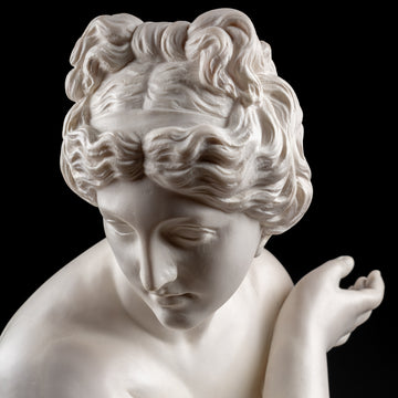 A STUNNING AND MOST ELEGANT ITALIAN 19TH CENTURY ALABASTER SCULPTURE OF CROUCHING VENUS. SIGNED GIUSEPPE BESSI (1857-1922).