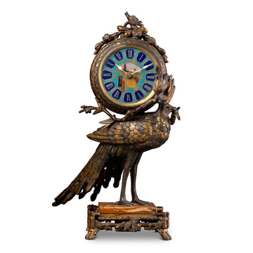 AN UNUSUAL FRENCH 19TH CENTURY JAPONISMUS DOUBLE PATINA BRONZE, ONYX AND ENAMEL CLOCK. ATTRIBUTED TO L'ESCALIER DE CRYSTAL.