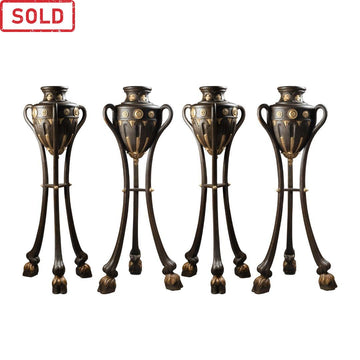 A SET OF FOUR ITALIAN 19TH CENTURY NEO-GREEK ST. GRAND SCALE PATINATED WOOD JARDINIÈRES.