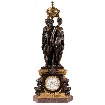 A 19TH CENTURY FRENCH PATINATED BRONZE AND GRIOTTE MARBLE “THREE GRACE” CLOCK BY VICTOR SIGNED VICTOR PAILLARD CIRCA 1885.