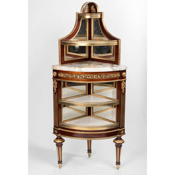 A CHARMING 19TH CENTURY LOUIS XVI ST. DESSERTE AND ENCOIGNURES IN MAHOGANY ORMOLU AND MARBLE.