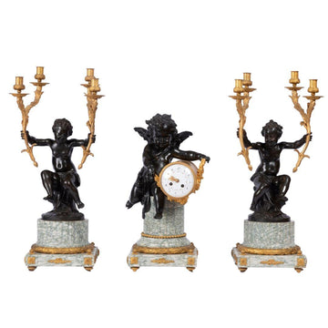 A CHARMING FRENCH 19TH CENTURY LOUIS XV STYLE MARBLE, BRONZE AND ORMOLU THREE PIECE  GARNITURE SET IN THE MANNER OF CLODION.