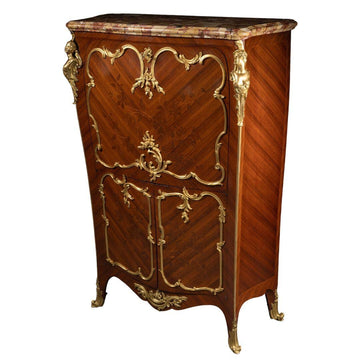 A FRENCH 19TH CENTURY LOUIS XV ST. MAHOGANY, ROSEWOOD MARQUETRY, GILT-BRONZE AND MARBLE SECRETAIRE À ABATTANT IN THE MANNER OF JOSEPH EMMANUEL ZWEINNER.