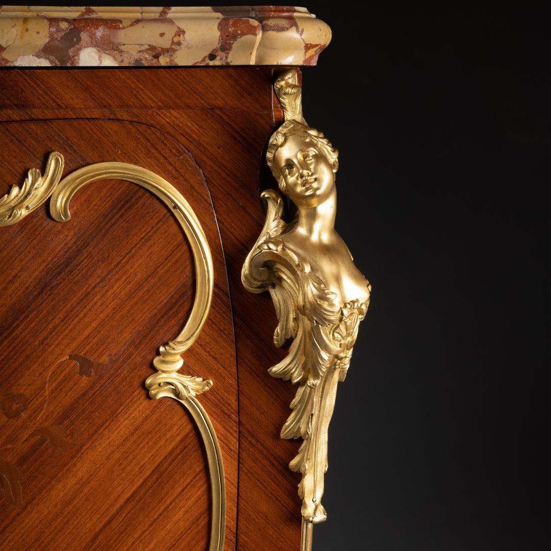 A FRENCH 19TH CENTURY LOUIS XV ST. MAHOGANY, ROSEWOOD MARQUETRY, GILT-BRONZE AND MARBLE SECRETAIRE À ABATTANT IN THE MANNER OF JOSEPH EMMANUEL ZWEINNER - Galerie Rosiers