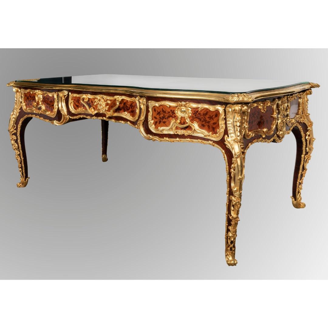 A FRENCH 19th Century LOUIS XV ST. ORMOLU-MOUNTED KINGWOOD, TULIPWOOD AND MARQUETRY BUREAU PLAT. - Galerie Rosiers