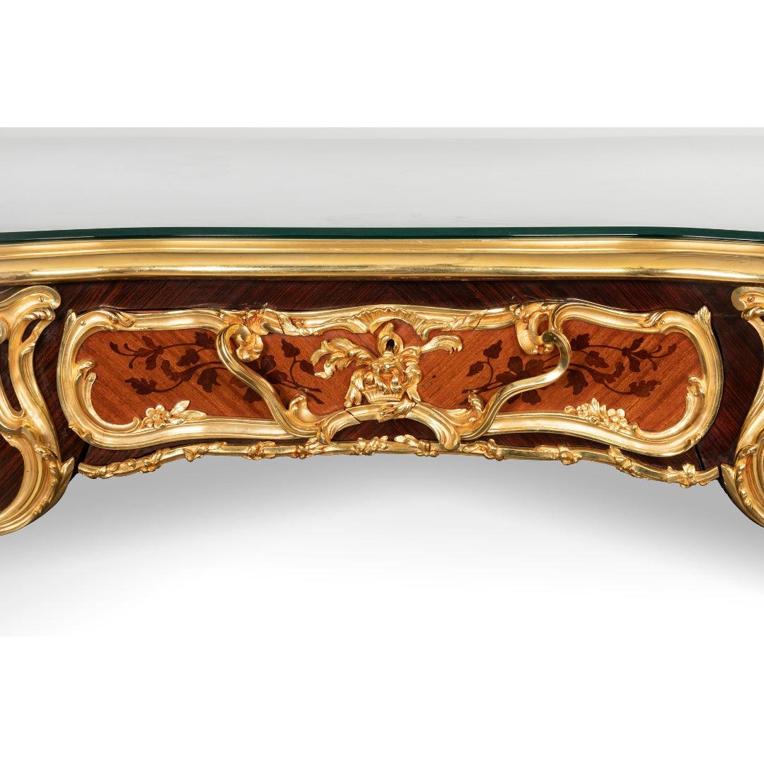 A FRENCH 19th Century LOUIS XV ST. ORMOLU-MOUNTED KINGWOOD, TULIPWOOD AND MARQUETRY BUREAU PLAT. - Galerie Rosiers