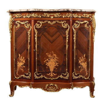A FRENCH 19TH CENTURY NAPOLEON III ST. KINGWOOD, TULIPWOOD, ORMOLU, AND MARBLE MEUBLE D’APPUI - Galerie Rosiers