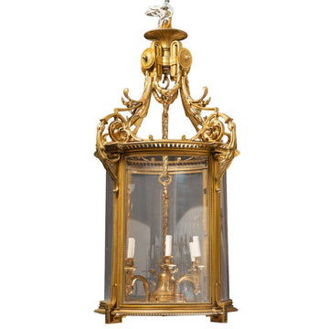 A MONUMENTAL FRENCH 19TH CENTURY LOUIS XVI ST. ORMOLU AND GLASS LANTERN.