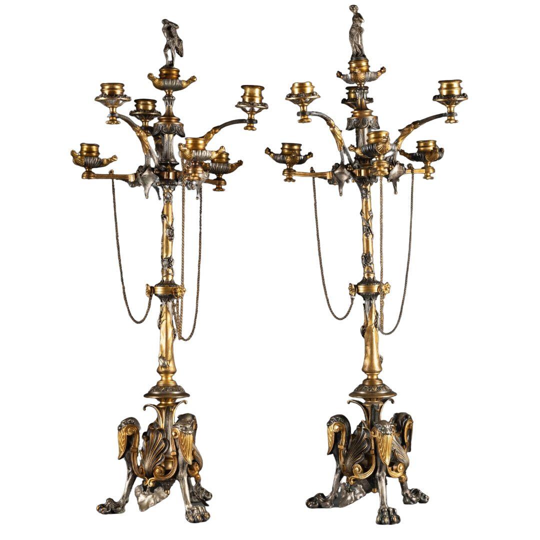 A PAIR OF FRENCH 19th CENTURY CANDELABRAS IN GILT AND SILVER BRONZE SIGNED ALHPONSE GIROUX (1776-1848) - Galerie Rosiers