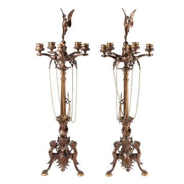 A PAIR OF FRENCH 19TH CENTURY NÉO CLASSICAL ST. ORMOLU AND PATINATED BRONZE CANDELABRAS, SIGNED F. BARB