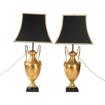 A PAIR OF FRENCH 19TH CENTURY NEO-CLASSICAL ST. ORMULU AND BELGIUM BLACK MARBLE PETROL LAMPS.
