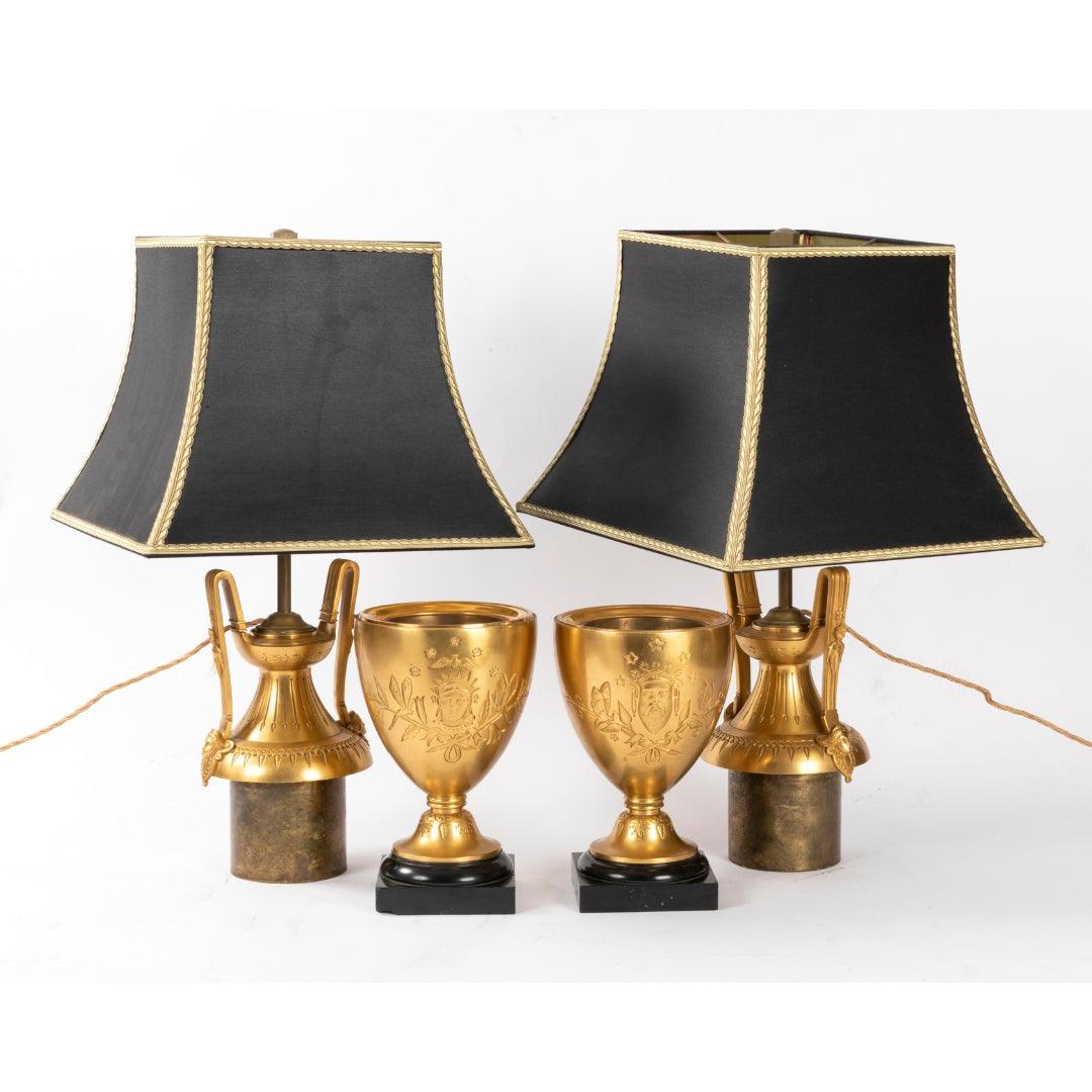 A PAIR OF FRENCH 19TH CENTURY NEO-CLASSICAL ST. ORMULU AND BELGIUM BLACK MARBLE PETROL LAMPS. - Galerie Rosiers