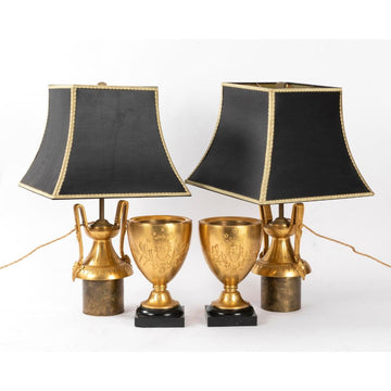 A PAIR OF FRENCH 19TH CENTURY NEO-CLASSICAL ST. ORMULU AND BELGIUM BLACK MARBLE PETROL LAMPS.