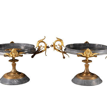 A PAIR OF FRENCH 19TH CENTURY NÉO-GREEK ST. GREY TURQUIN  MARBLE AND ORMOLU TAZZAS.