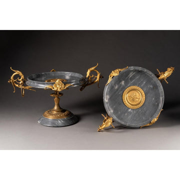 A PAIR OF FRENCH 19TH CENTURY NÉO-GREEK ST. GREY TURQUIN  MARBLE AND ORMOLU TAZZAS.