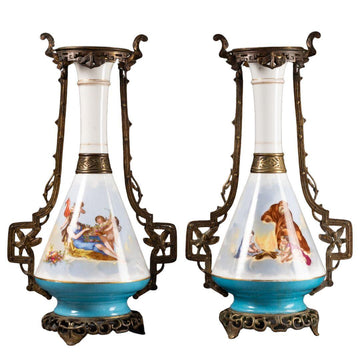A PAIR OF FRENCH 19TH CENTURY NEO GREEK ST. OPALINE VASES.