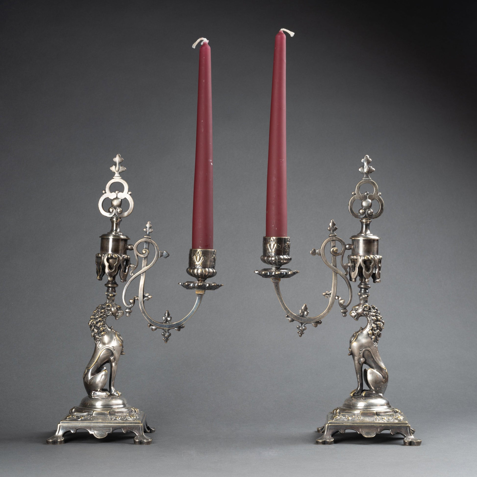 A PAIR OF FRENCH 19TH CENTURY NEO-RENAISSANCE ST. SILVERED METAL CANDLESTICKS - Galerie Rosiers