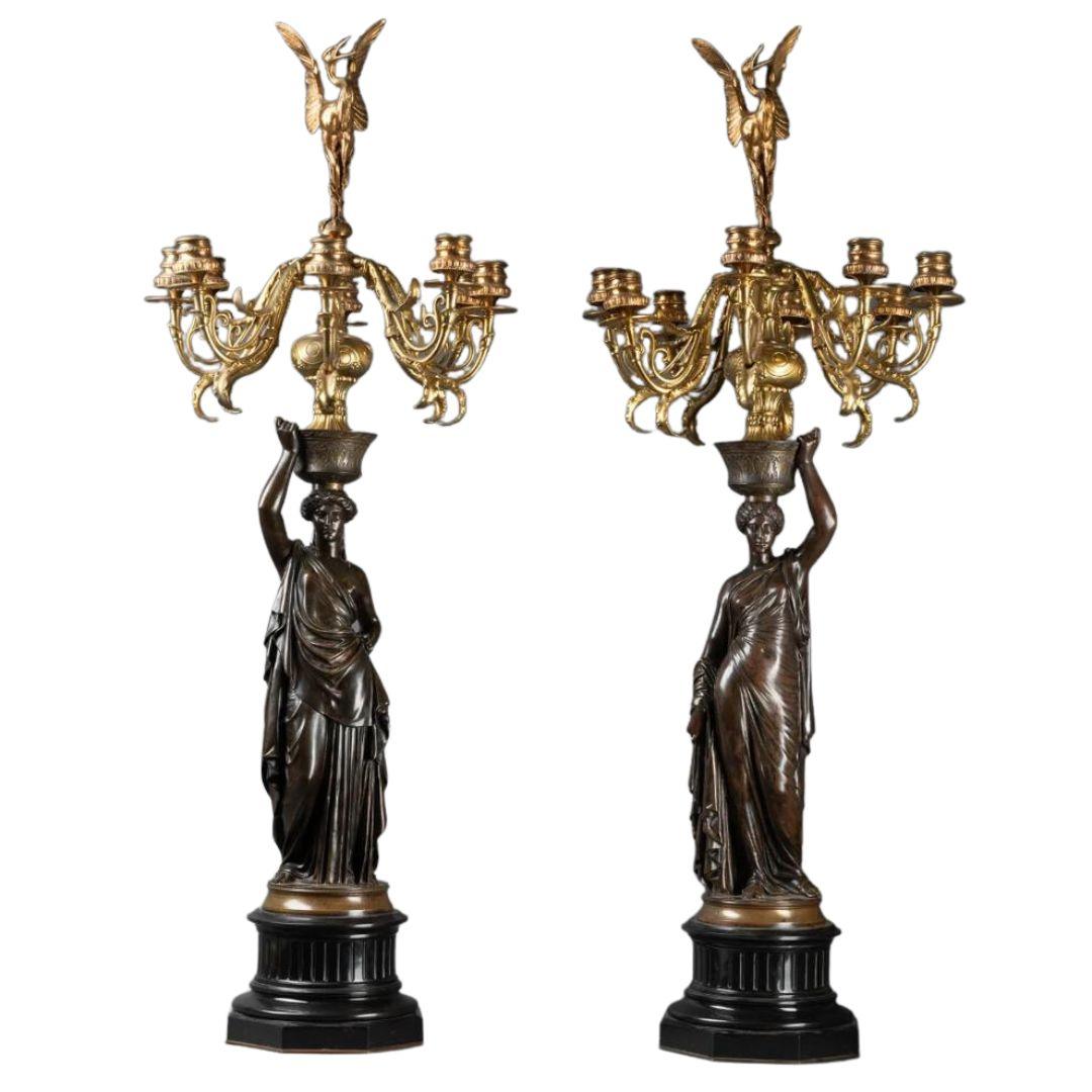 A PAIR OF FRENCH 19TH CENTURY NEOCLASSICAL ST. BRONZE, ORMOLU AND BLACK MARBLE CANDELABRAS SIGNED ROBERT L.V.E (1821-1874) - Galerie Rosiers