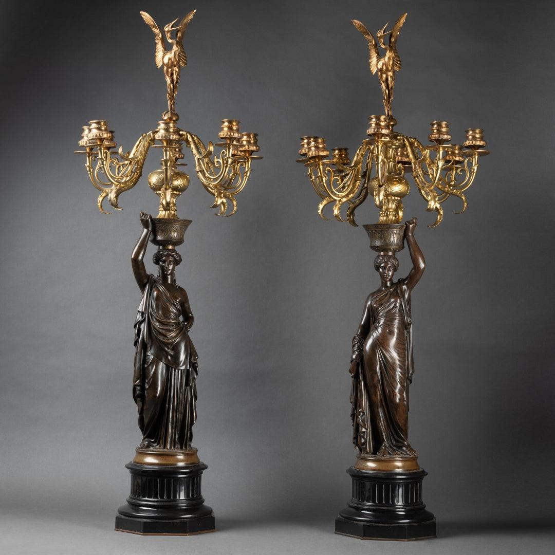 A PAIR OF FRENCH 19TH CENTURY NEOCLASSICAL ST. BRONZE, ORMOLU AND BLACK MARBLE CANDELABRAS SIGNED ROBERT L.V.E (1821-1874) - Galerie Rosiers
