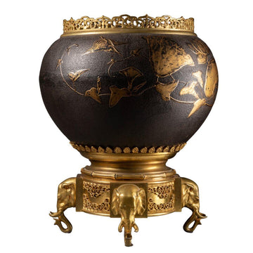 A REMARKABLE FRENCH 19TH CENTURY ORMULU AND PATINATED BRONZE JAPONISMUS PLANTER AFTER EDOUARD LIÈVRE.