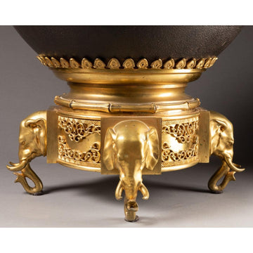 A REMARKABLE FRENCH 19TH CENTURY ORMULU AND PATINATED BRONZE JAPONISMUS PLANTER AFTER EDOUARD LIÈVRE.
