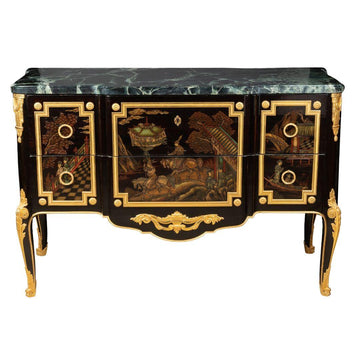 A SENSATIONAL FRENCH EARLY 19TH CENTURY TRANSITIONAL STYLE JAPANESE LACQUER, EBONIZED FRUITWOOD AND VERT DE MER COMMODE.