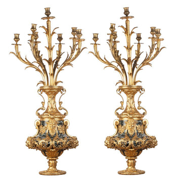 A STUNNING AND HIGH QUALITY PAIR OF FRENCH 19TH CENTURY  ORMULU AND GREEN MARBLE CANDELABRAS.