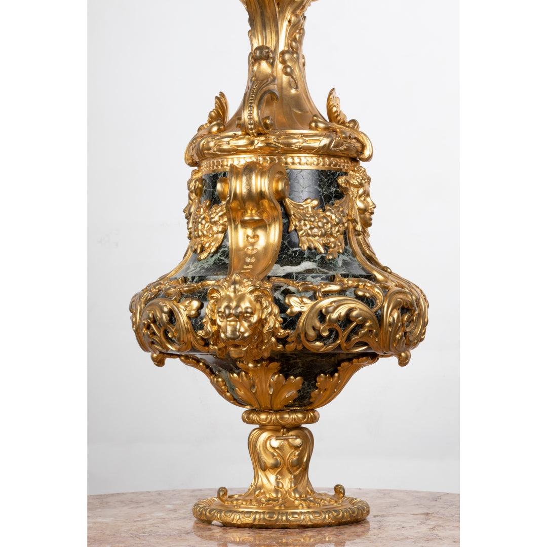A STUNNING AND HIGH QUALITY PAIR OF FRENCH 19TH CENTURY ORMULU AND GREEN MARBLE CANDELABRAS. - Galerie Rosiers
