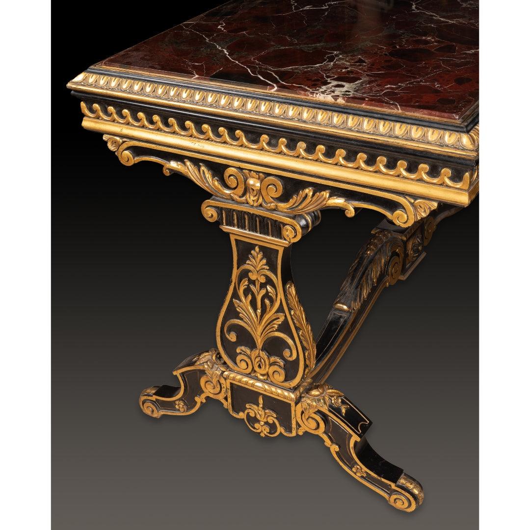 A STUNNING ITALIAN EARLY 19TH CENTURY EBONIZED MAHOGANNY, POLYCHROME AND MARBLE FLORENTINE TABLE. - Galerie Rosiers