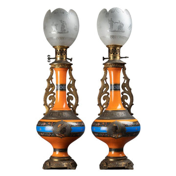 PAIR OF 19TH CENTURY ITALIAN ORIENTALIST ST. OPALINE AND BRONZE PETROL LAMPS. - Galerie Rosiers